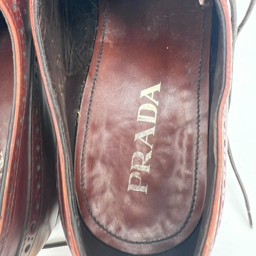 Prada Milano Men Size 9.5 Brown Perforated Leather Wingtip Derby Dress Shoes - Picture 14 of 16